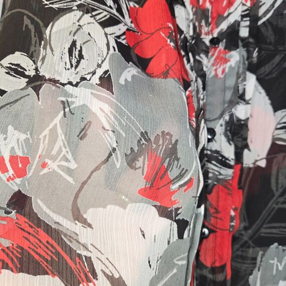Christopher & Banks Womens Large Floral Blouse Button Up Top Sheer Black Red - Picture 3 of 11